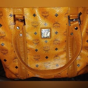 MCM Cognac Leather Tote with Monogram Logos & Gold Hardware